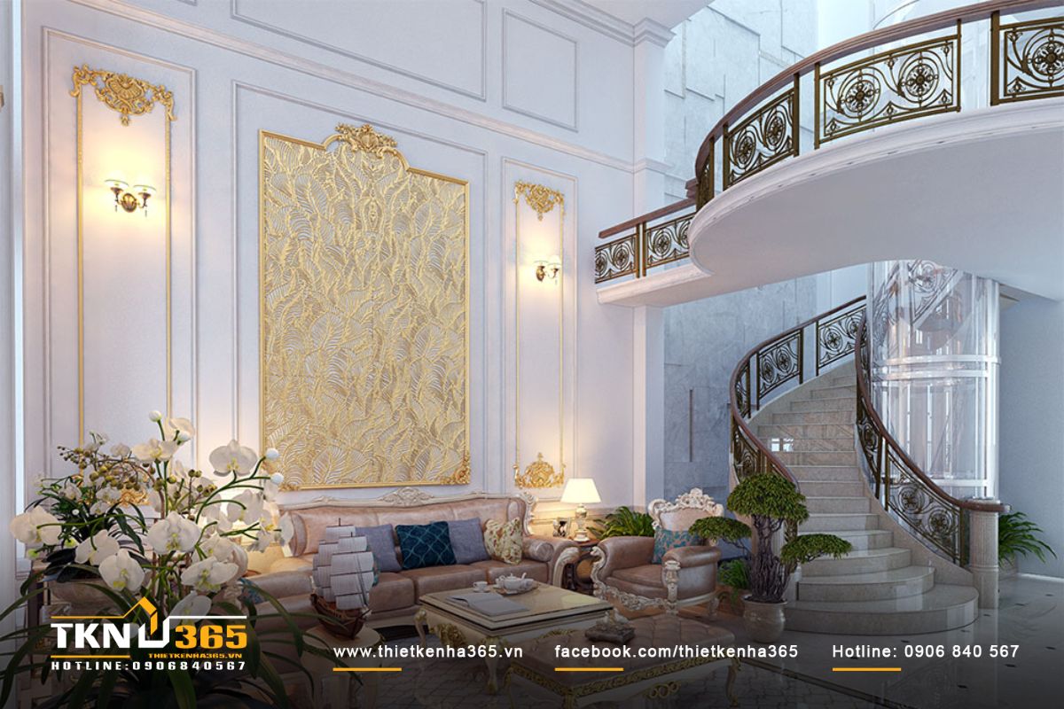 Phòng khách sử dụng màu sắc thanh lịch, điểm xuyết các chi tiết nội thất cao cấp với tính nghệ thuật đương đại