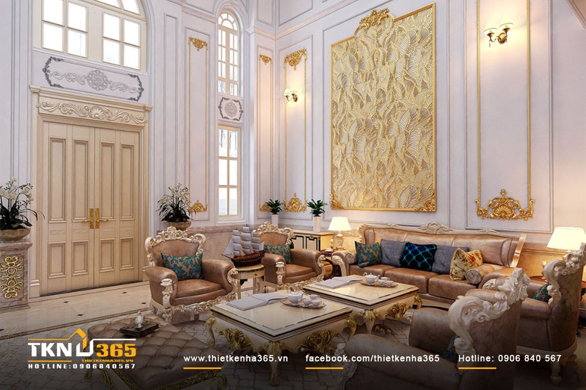 Sắp xếp bộ bàn ghế bọc da gọn gàng mang đến vẻ sang trọng và quý phái cho phòng khách của biệt thự tân cổ điển