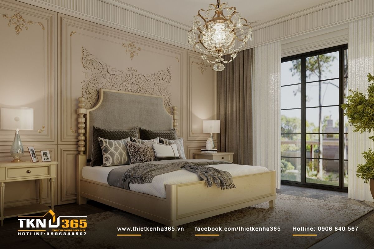 Một chiếc đèn chùm sang trọng là điều không thể thiếu để nâng cao vẻ đẹp thẩm mỹ của phòng ngủ