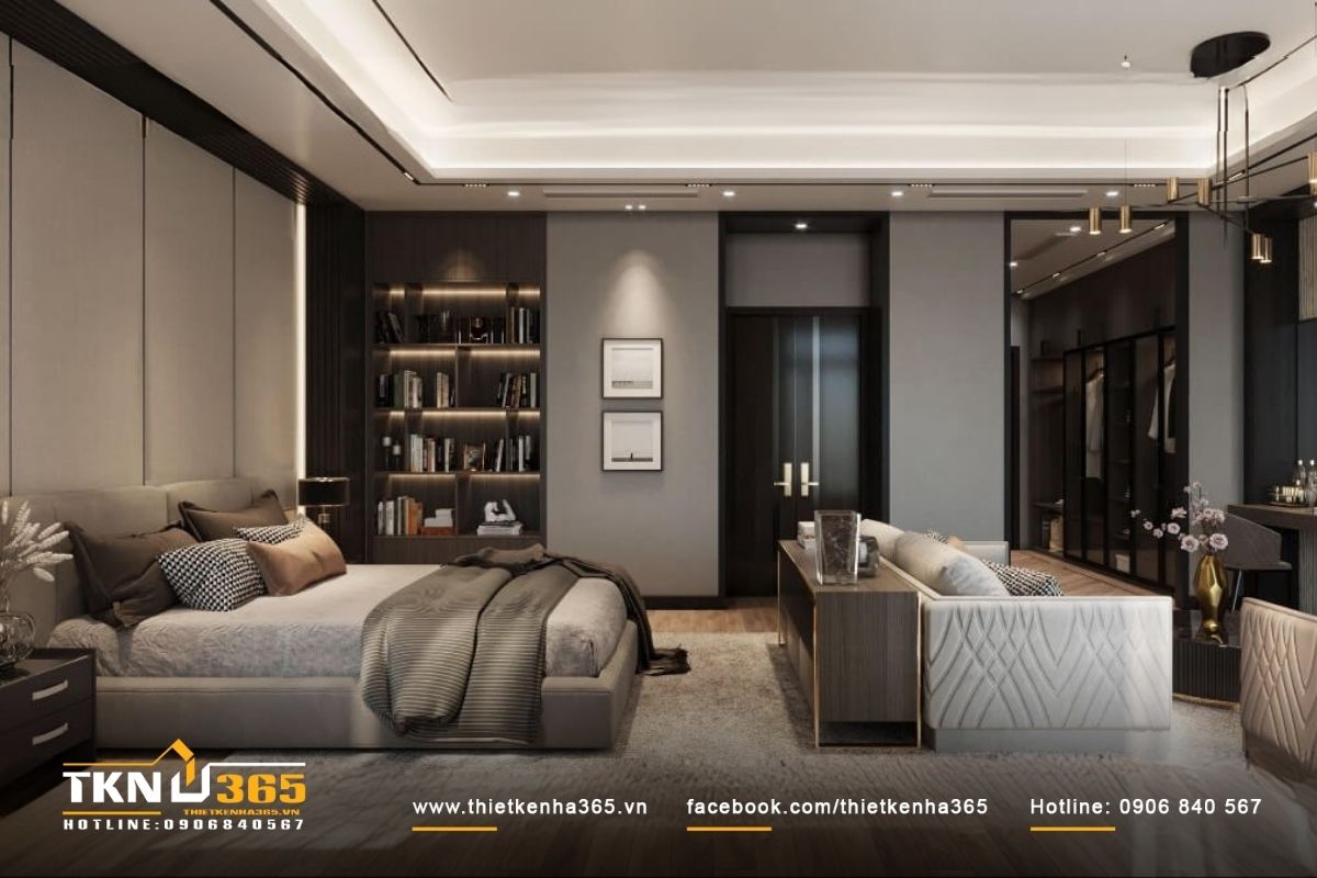 Không gian phòng ngủ hiện đại tích hợp đầy đủ tiện ích, bao gồm khu vực thay đồ, bàn làm việc và nhà tắm riêng