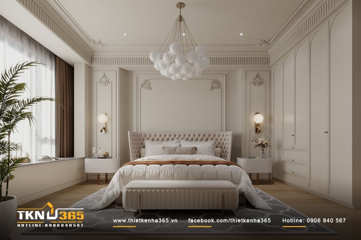 Thiết kế nội thất phòng ngủ biệt thự với tông trắng chủ đạo