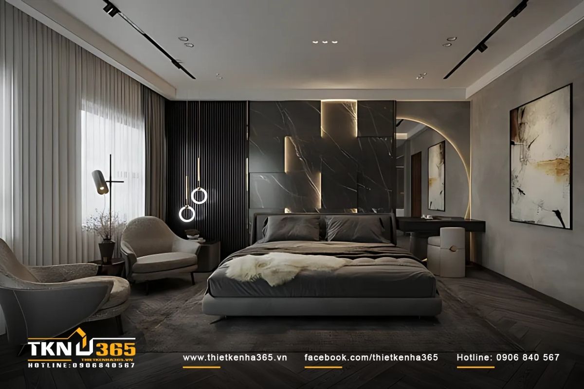 Thiết kế phòng ngủ với tông xám kết hợp trắng nhẹ tạo ra những đường nét mềm mại và sang trọng