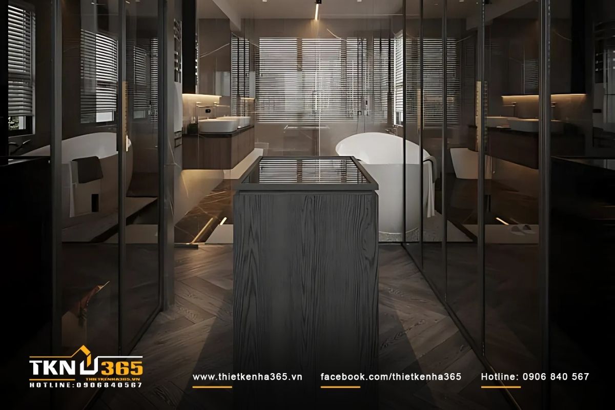 Phòng thay đồ được trang bị nội thất bằng chất liệu kính, tạo cảm giác sang trọng