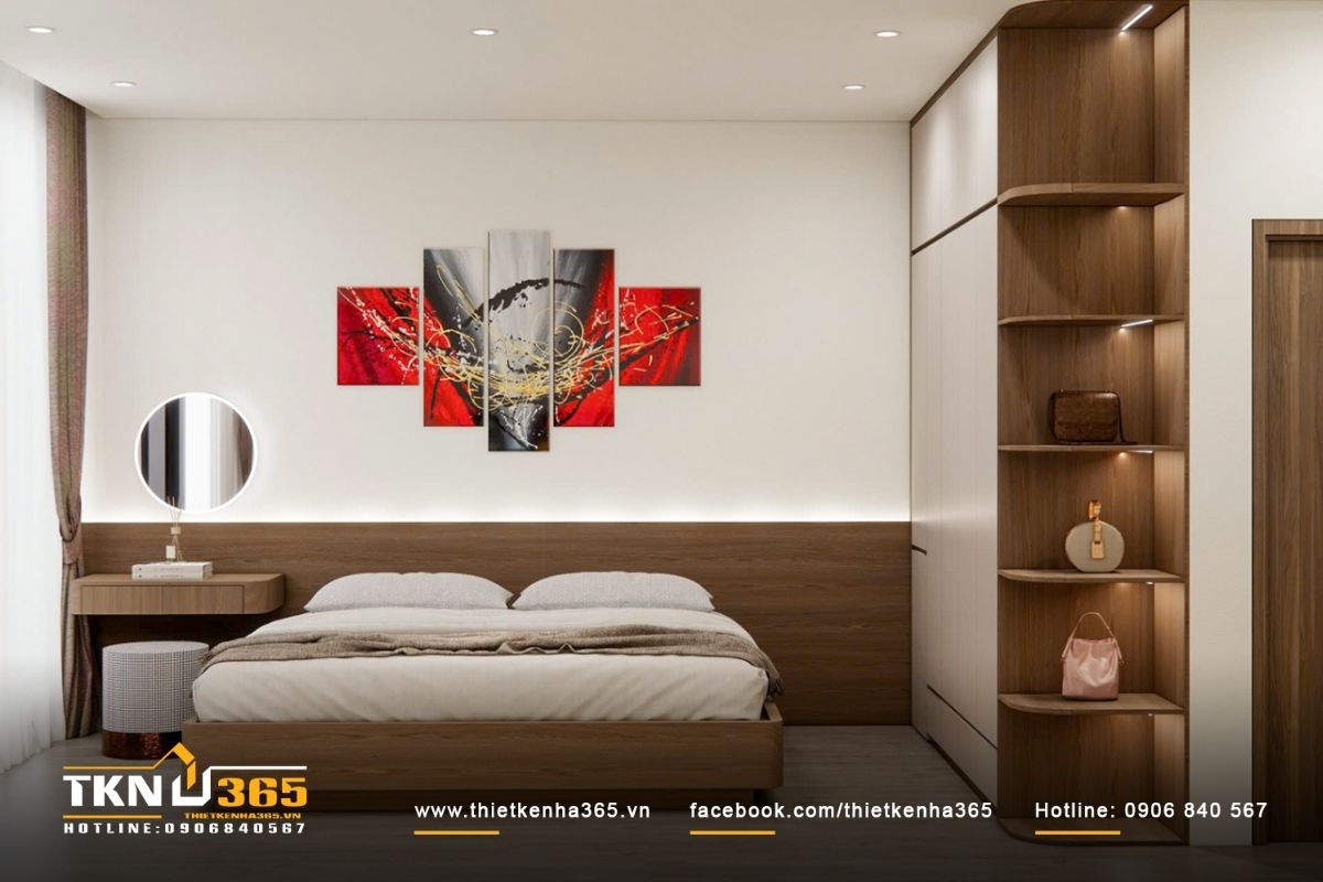 Bộ phòng ngủ gỗ công nghiệp màu trắng nâu theo phong cách hiện đại với tủ quần áo góc tiện dụng