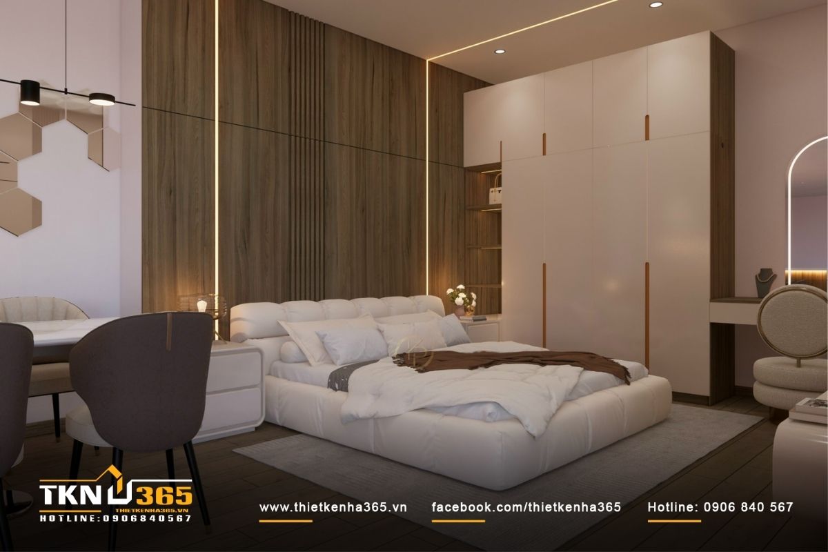 Thiết kế phòng ngủ biệt thự hiện đại mang đến sự nổi bật nhờ sắc nâu trầm ấm của gỗ