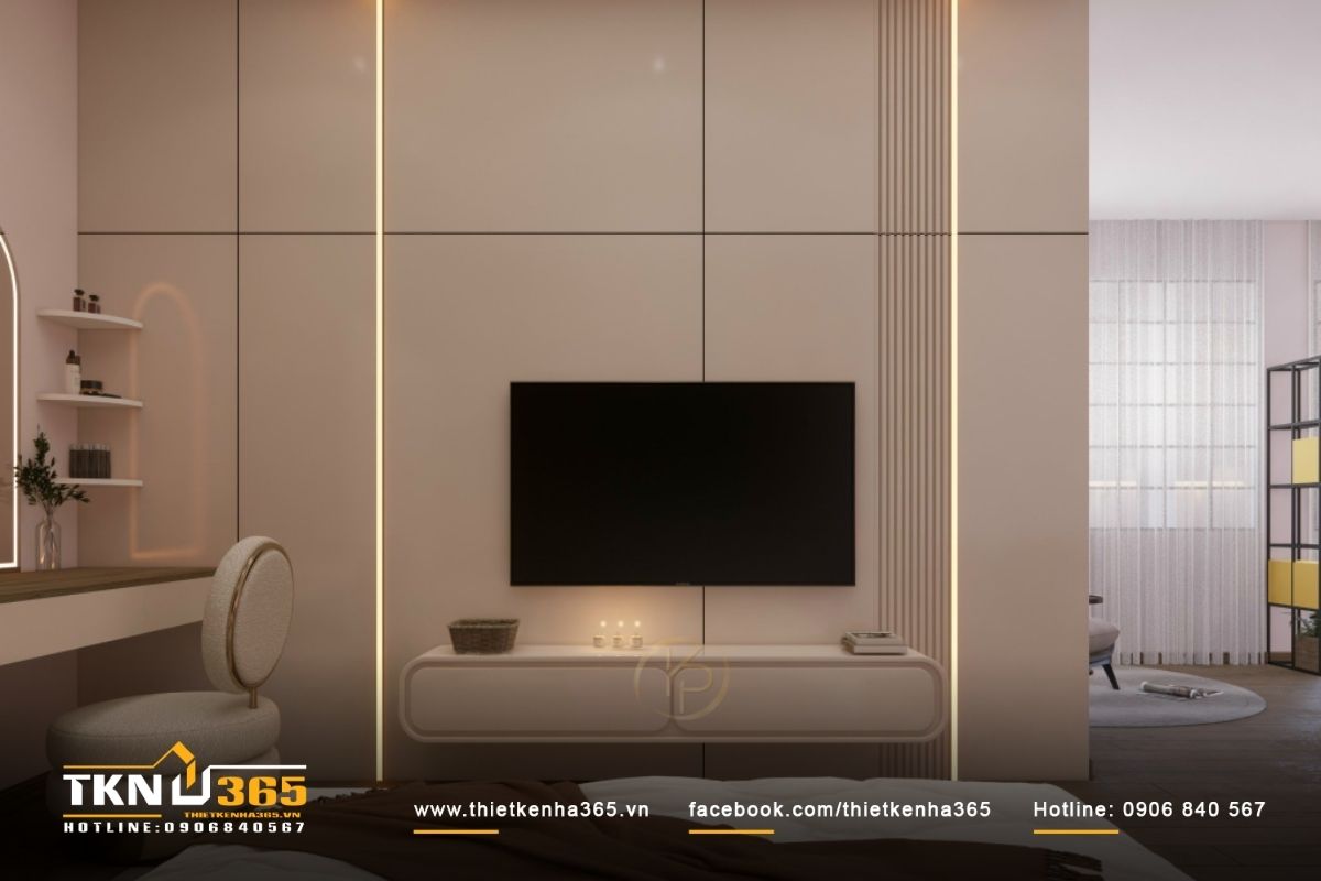 Mẫu nội thất phòng ngủ biệt thự hiện đại đầy đủ công năng bao gồm tivi