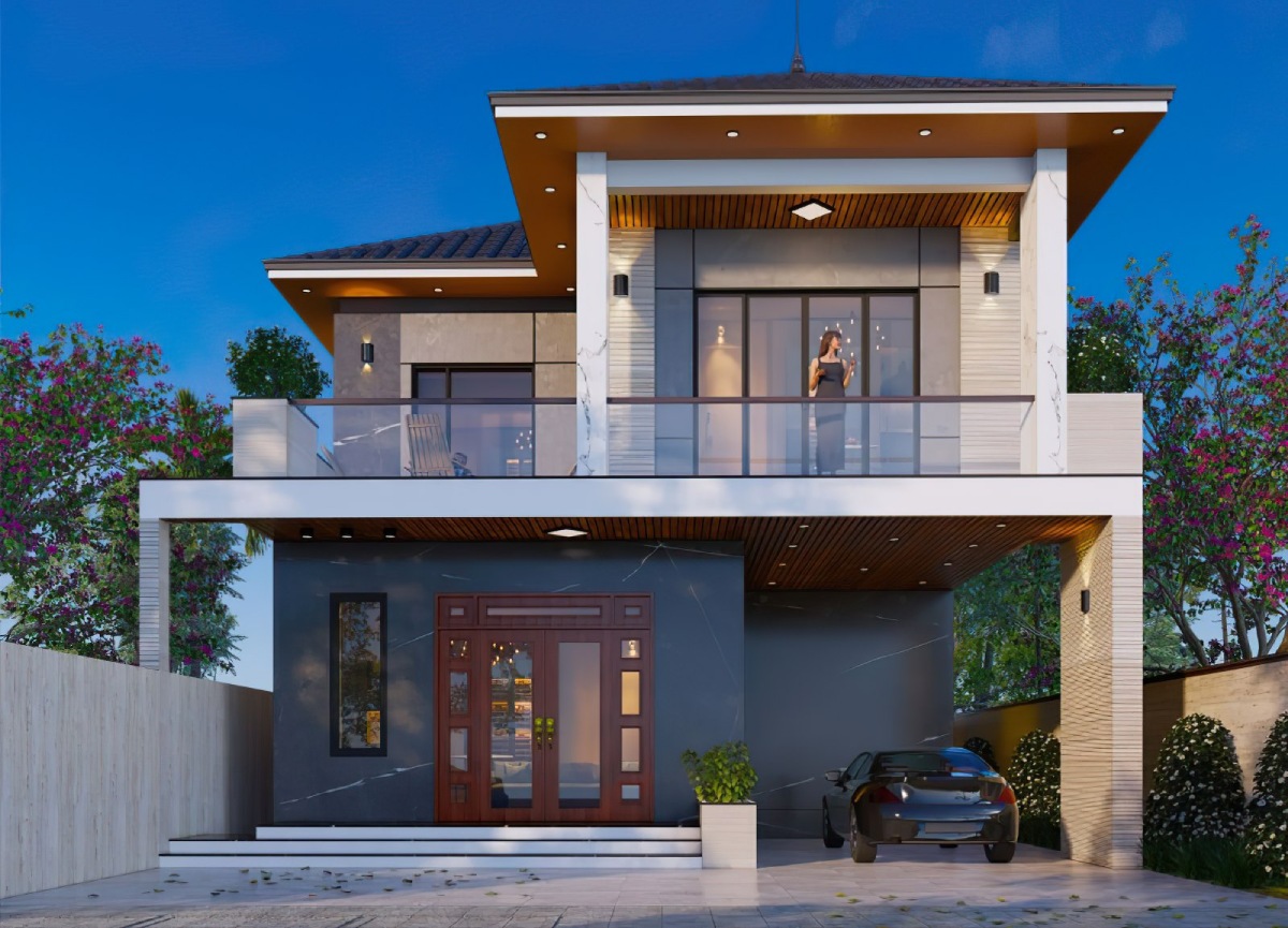 Mẫu nhà 2 tầng chữ L 100m2 3