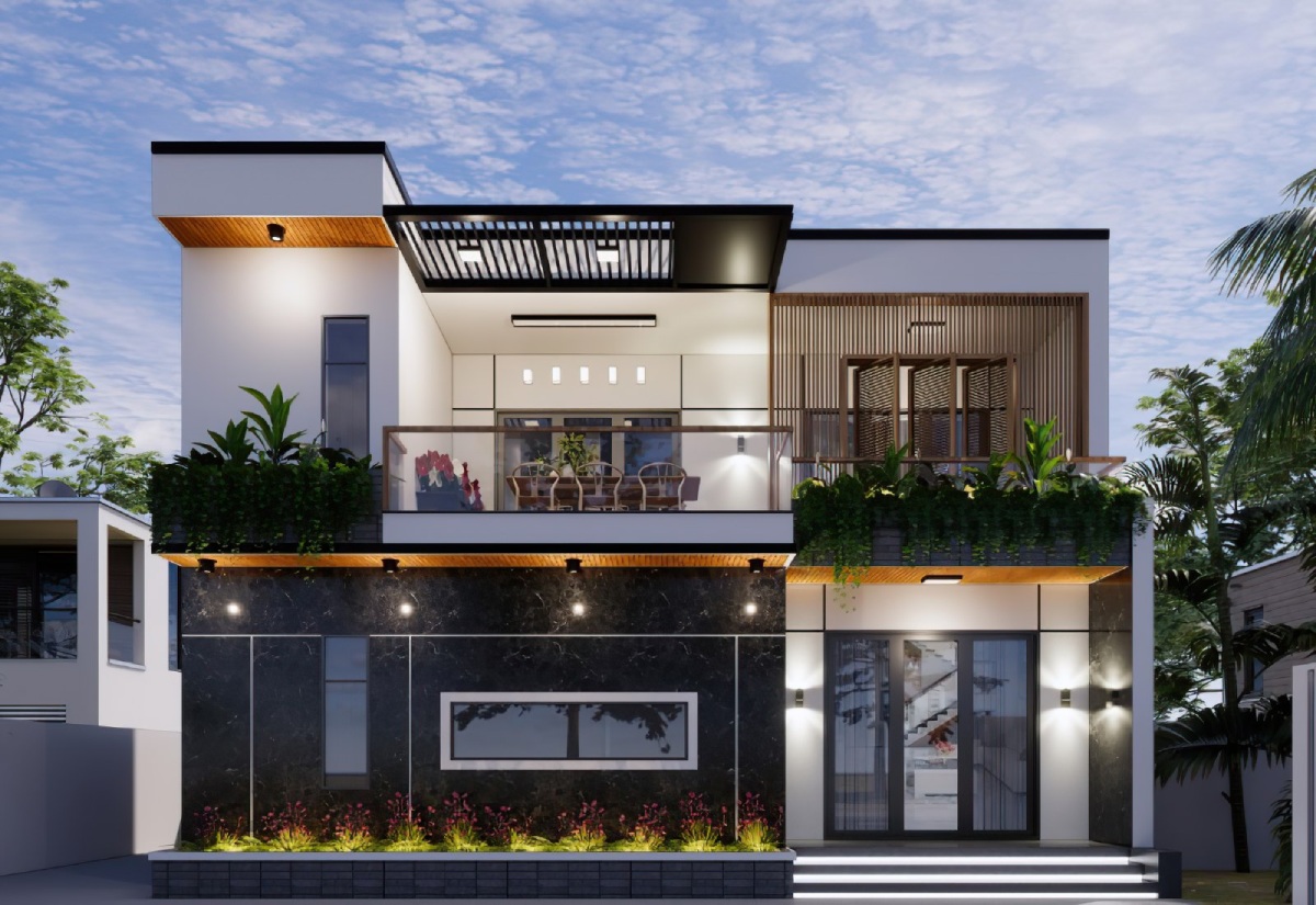 Mẫu nhà 2 tầng chữ L 100m2 8