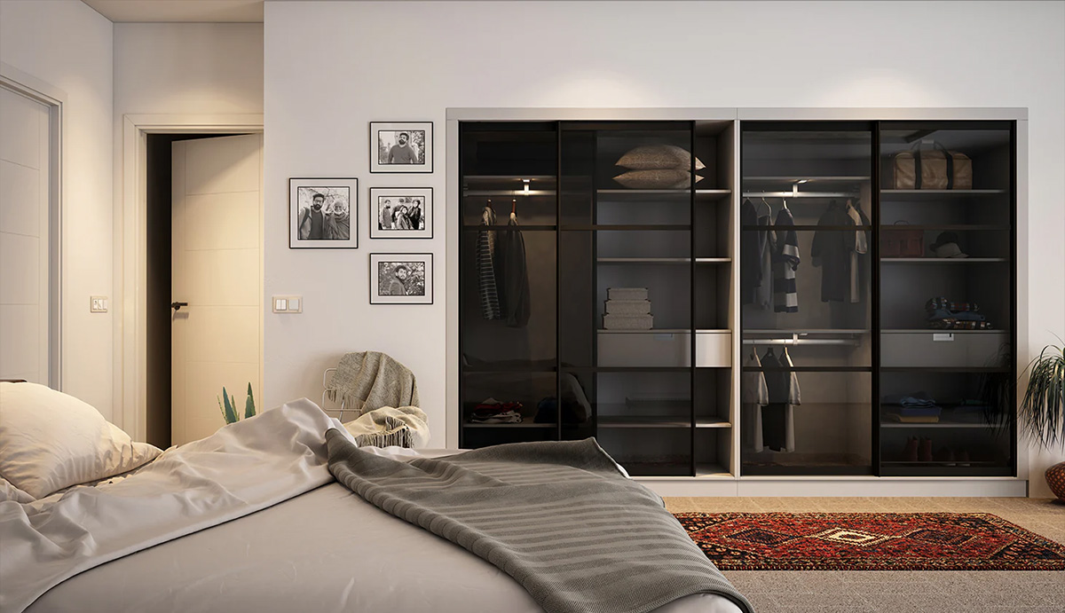 Thiết kế tủ quần áo âm tường cánh kính tạo cảm giác không gian rộng rãi và hiện đại, mang lại vẻ đẹp sang trọng