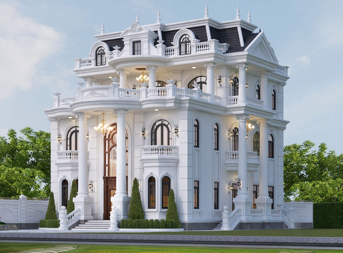 Tone trắng kết hợp mái xanh đen tạo sự thanh lịch, sang trọng. Sảnh chính đồ sộ với thức cột Ionic, mái vòm bán nguyệt và đèn chùm châu Âu mang đến vẻ kiêu sa, lộng lẫy.