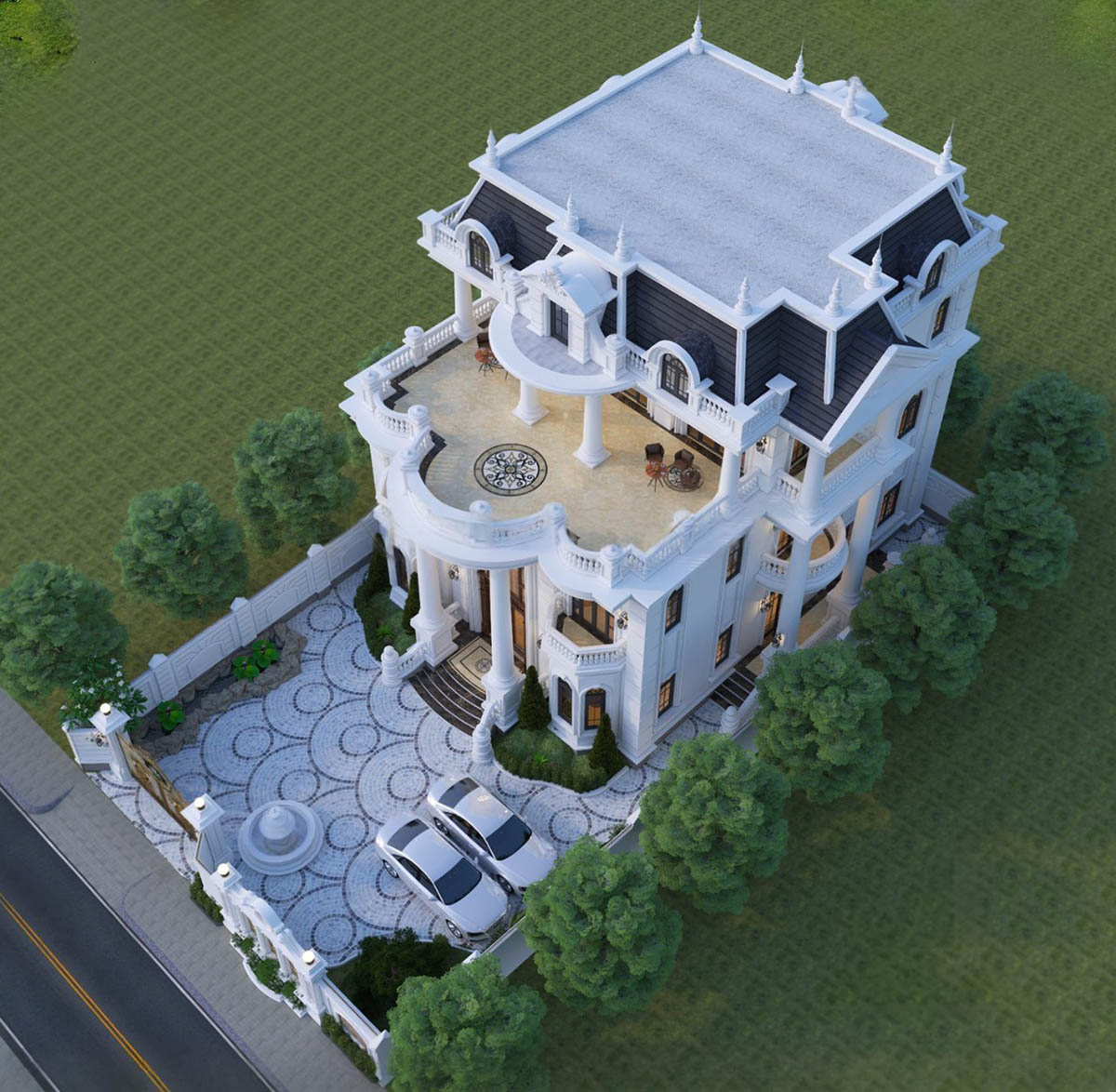 Biệt thự gây ấn tượng với mặt tiền rộng, bố cục cân đối theo tỷ lệ vàng, nổi bật cùng hệ mái Mansard uy nghi.