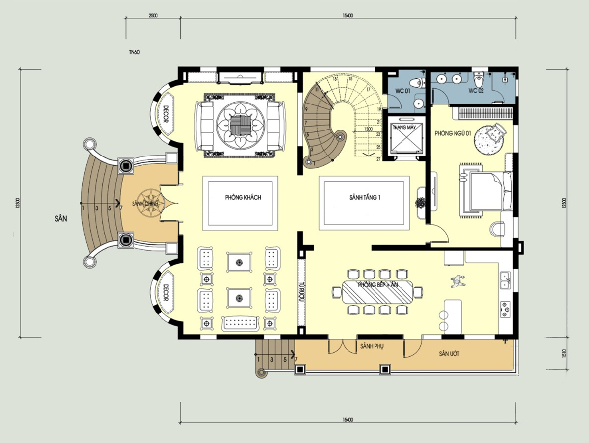 Bản vẽ mặt bằng công năng biệt thự 3 tầng 5 phòng ngủ kiến trúc Tân cổ điển. (Ảnh: sưu tầm)