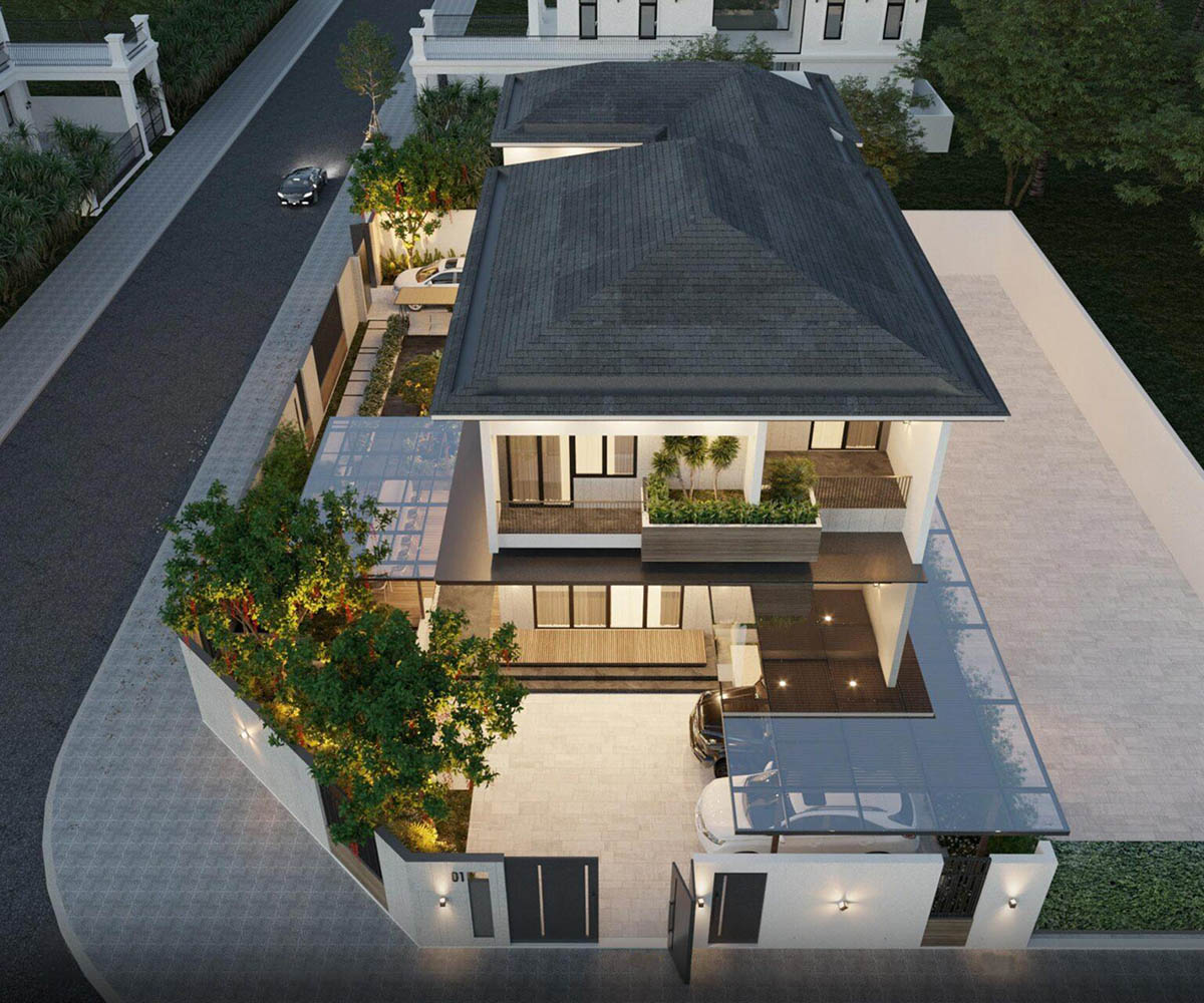 Biệt thự hiện đại 2 tầng 2 mặt tiền gây ấn tượng với hình khối vuông vắn, không gian mở và sự cân đối hài hòa.