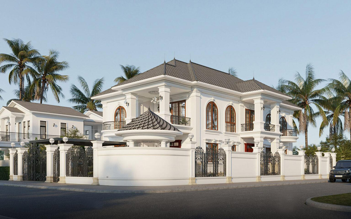 Mẫu biệt thự tân cổ điển 2 mặt tiền mang vẻ đẹp sang trọng, tinh tế với kiến trúc đối xứng, mái ngói dốc và hệ cột trụ vững chãi.