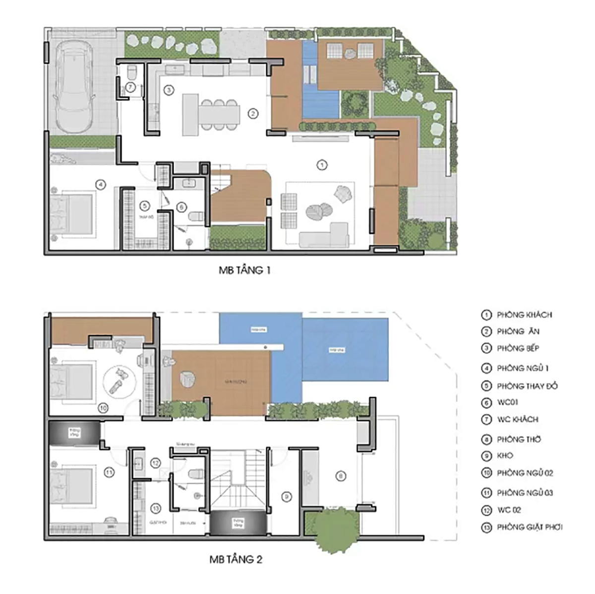 Bản vẽ mẫu biệt thự 2 mặt tiền mái ngói tầng 1 & 2