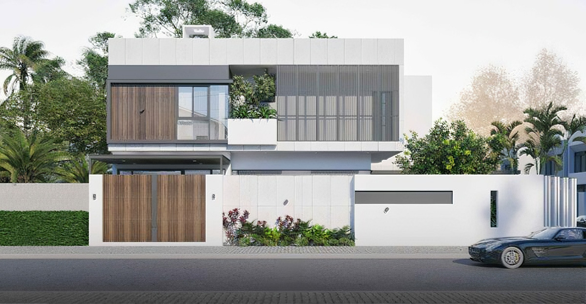 Mẫu biệt thự 2 tầng 2 mặt tiền Luxury gây ấn tượng với kiến trúc khối hộp mạnh mẽ, tối ưu ánh sáng và cảnh quan.