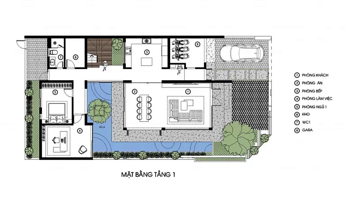 Bản vẽ mẫu biệt thự 3 tầng 2 mặt tiền phong cách Tropical tầng 1