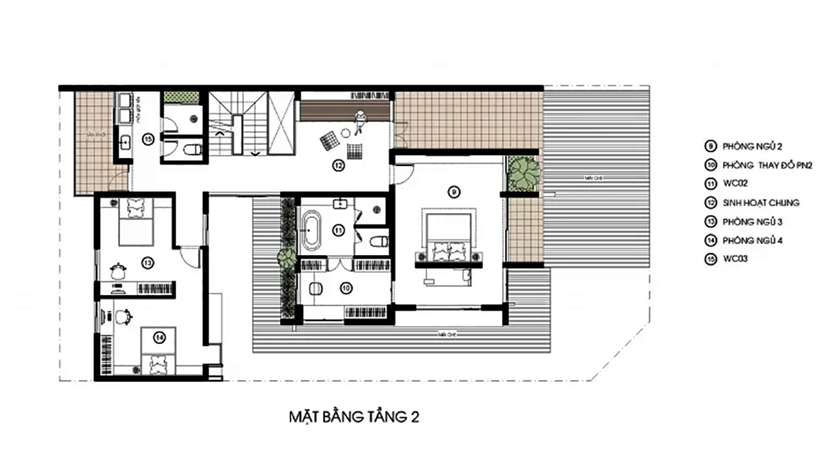Bản vẽ mẫu biệt thự 3 tầng 2 mặt tiền phong cách Tropical tầng 2