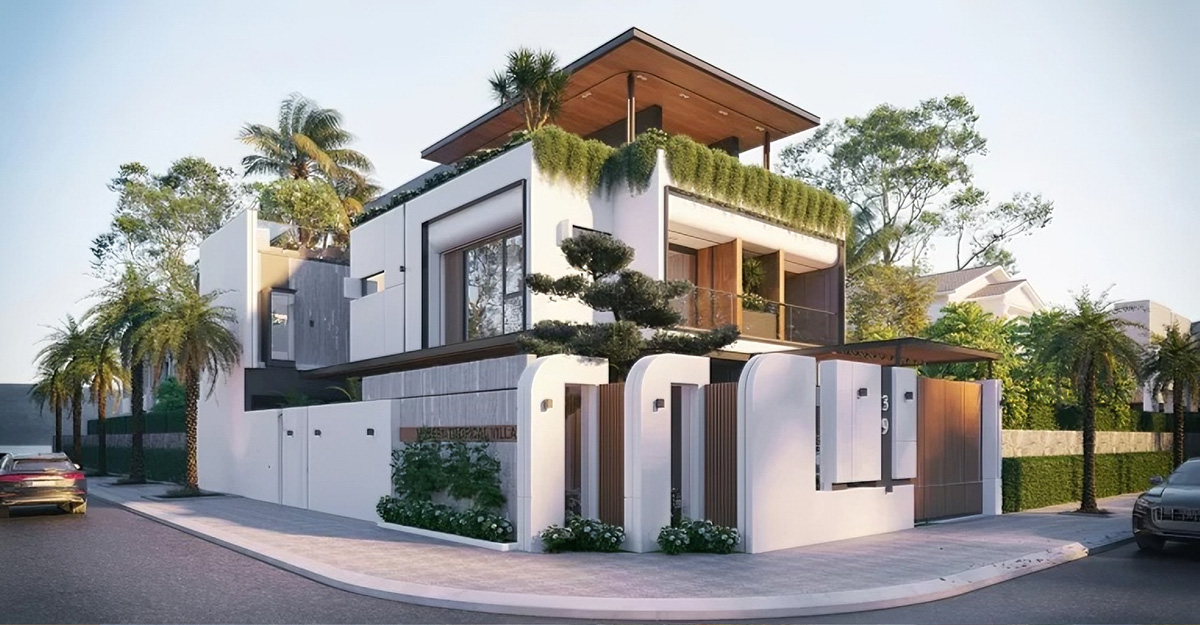 Mẫu biệt thự 3 tầng 2 mặt tiền Tropical mang vẻ đẹp hiện đại kết hợp nét phóng khoáng nhiệt đới.
