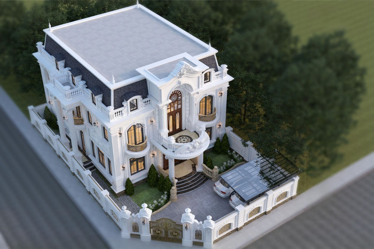 Mái Mansard chóp cụt lợp ngói đá Lai Châu màu xám ghi càng làm nổi bật vẻ uy nghi, đẳng cấp của biệt thự.