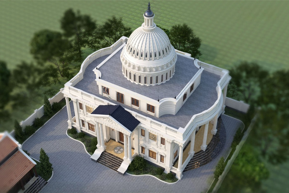 Điểm nhấn nổi bật là mái vòm cao vút, biểu tượng của quyền lực và sự trường tồn, kết hợp hệ cột Corinth kép bề thế và sảnh chính sang trọng.