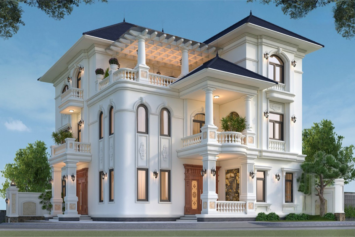 Mẫu biệt thự tân cổ điển 3 tầng 2 mặt tiền nổi bật với kiến trúc sang trọng, đường nét tinh xảo và bố cục khoa học.