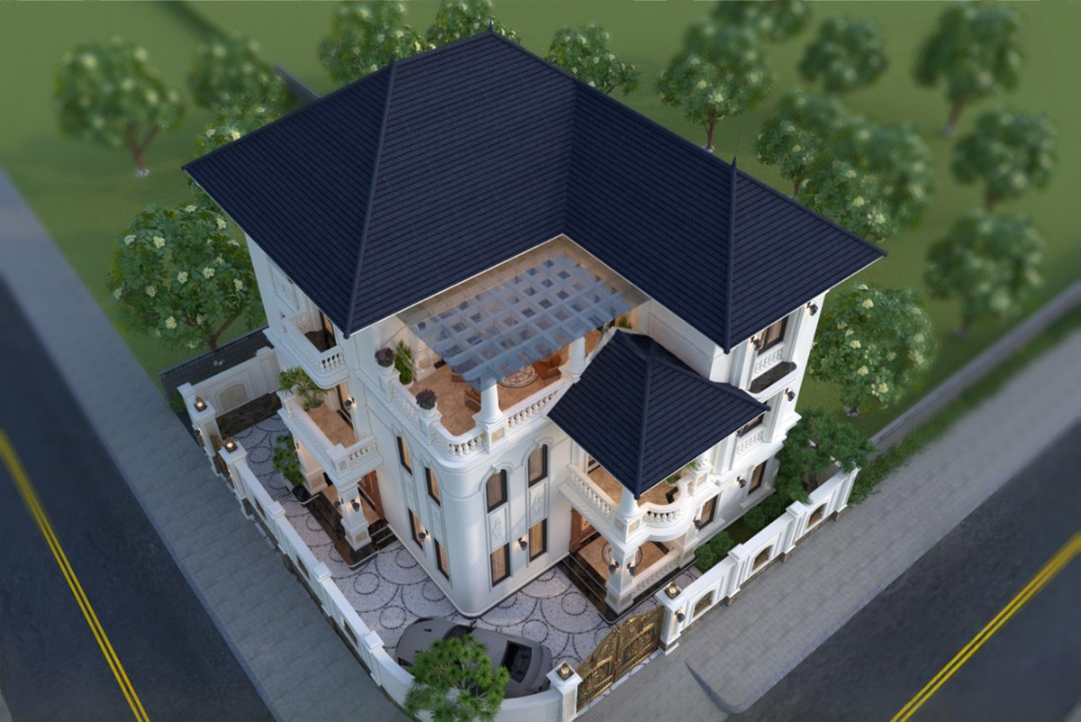 Biệt thự tân cổ điển 3 tầng 2 mặt tiền nổi bật với vẻ đẹp sang trọng và hài hòa, tận dụng lợi thế lô góc để bố trí sảnh chính – phụ, ban công và sân chơi thoáng mát.