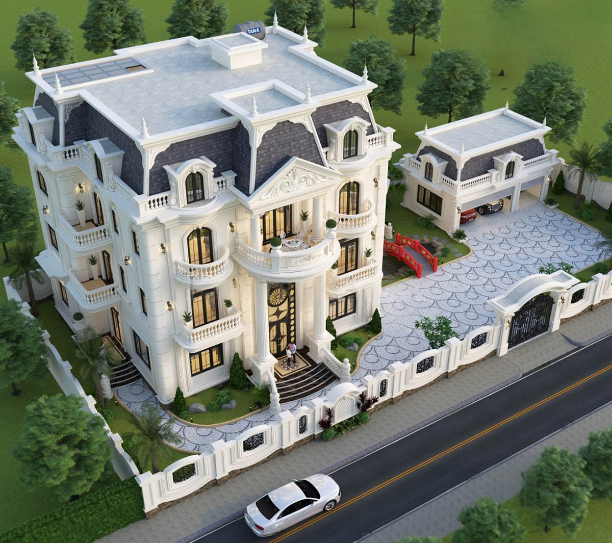 Mẫu biệt thự tân cổ điển 3 tầng mái Mansard gây ấn tượng mạnh nhờ kiến trúc mái đặc trưng – cao ráo, bề thế, vừa mang tính thẩm mỹ vừa giúp thoát nước tốt.