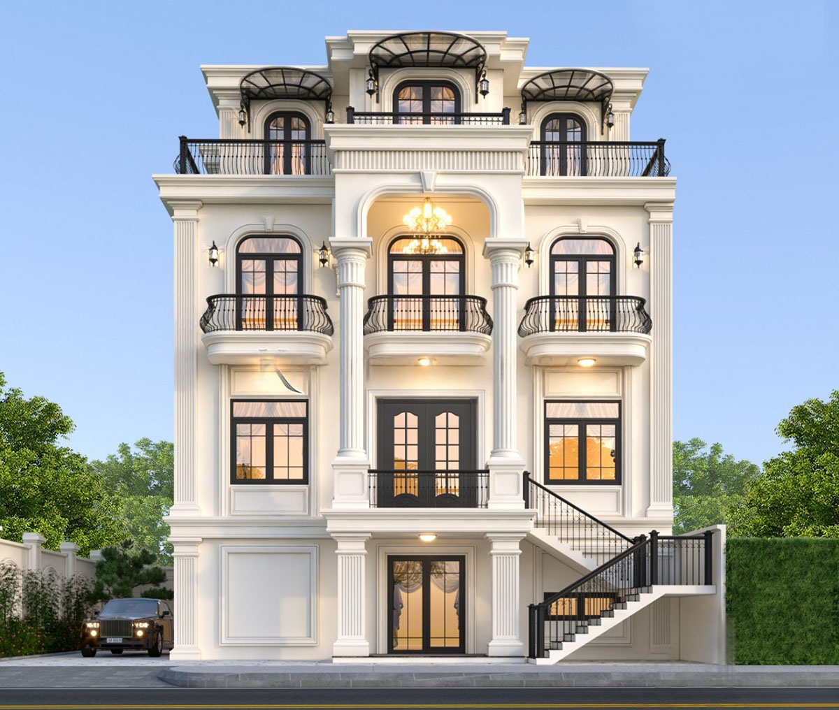 Biệt thự tân cổ điển 3 tầng mái bằng mang đến sự kết hợp hài hòa giữa vẻ đẹp tinh tế, sang trọng của kiến trúc cổ điển và phong cách sống tiện nghi, hiện đại.