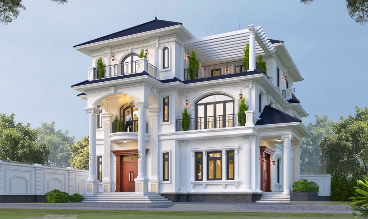 Mẫu biệt thự 3 tầng tân cổ điển 7 phòng ngủ được thiết kế cho gia đình nhiều thế hệ, đáp ứng nhu cầu sinh hoạt đông thành viên