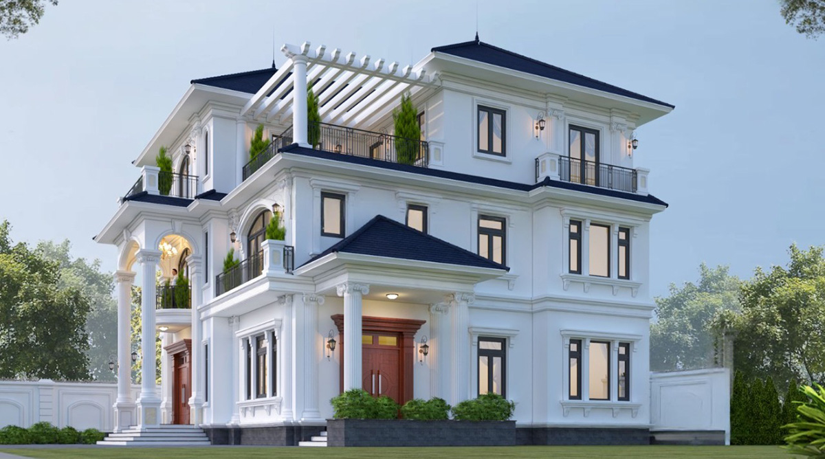 Biệt thự nổi bật với kiến trúc vuông vắn, cân đối, mang ý nghĩa phong thủy tốt.