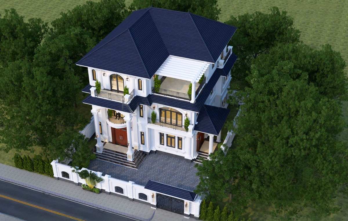 Mặt tiền gây ấn tượng nhờ cột trụ vững chãi, cửa gỗ tự nhiên sang trọng và hệ cửa kính khung nhôm xingfa hiện đại giúp lấy sáng tối đa. (Ảnh: sưu tầm)