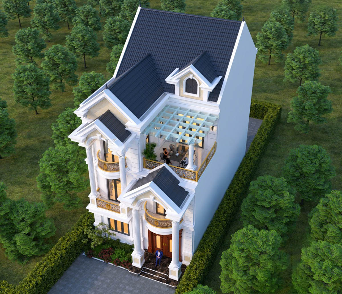 Kiến trúc mái Thái mềm mại tô điểm cho tổng thể thanh thoát, có ban công, sân chơi rộng thoáng.