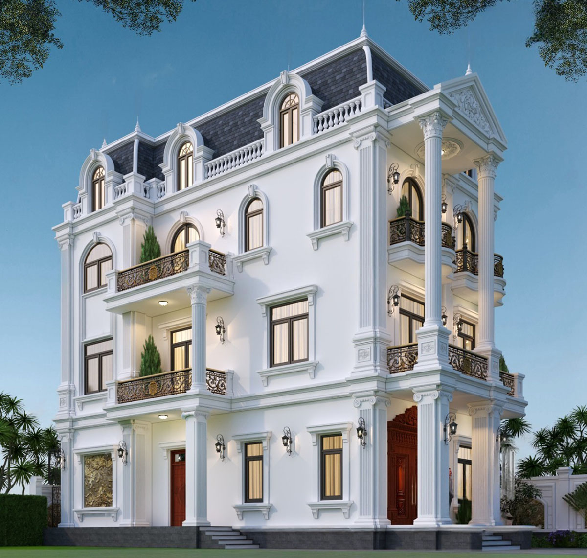 Với kiến trúc tân cổ điển tinh tế, kết hợp mái Mansard đẳng cấp, công trình trở thành điểm nhấn nổi bật trong mọi khu phố.