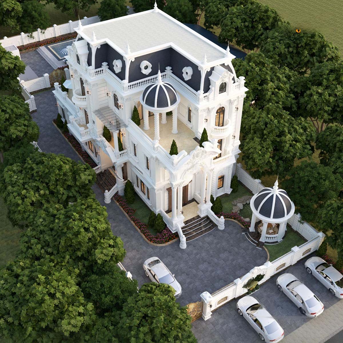 Với khối kiến trúc đồ sộ, từng chi tiết phào chỉ, hệ cột Corinthian, mái Mansard bề thế… tất cả đã tái hiện vẻ đẹp uy nghi, sang trọng và khẳng định vị thế của gia chủ.