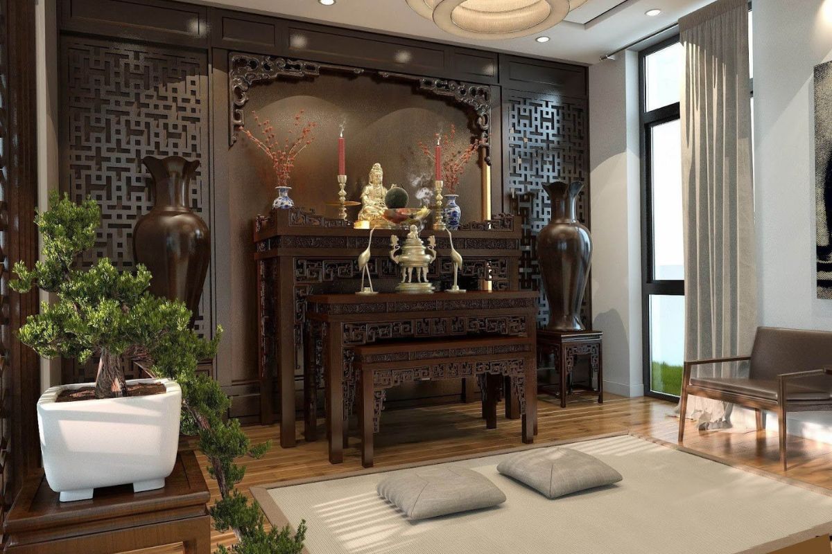 Bố trí bàn thờ đối diện cửa chính phản chiếu năng lượng xấu, khiến gia chủ luôn cảm thấy bất an (Ảnh: Sưu tầm)
