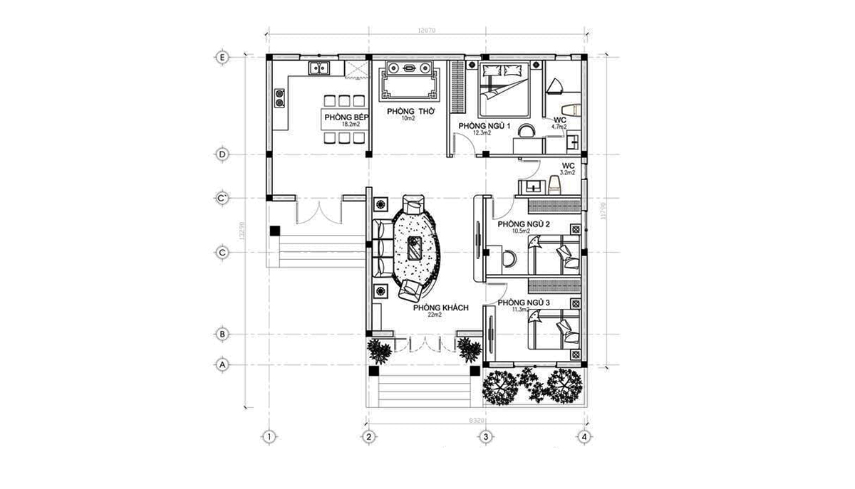 Bản vẽ chi tiết biệt thự 1 tầng 3 phòng ngủ chữ L Bản vẽ chi tiết biệt thự 1 tầng 3 phòng ngủ chữ L