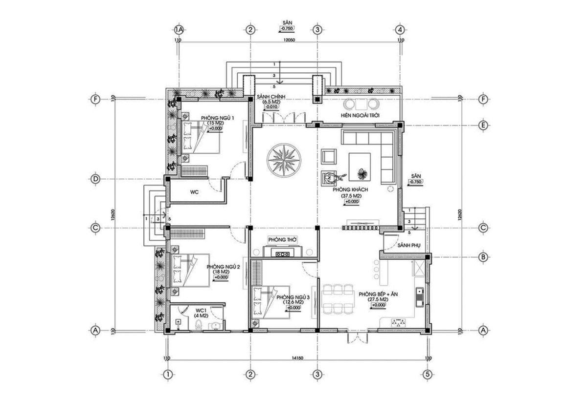 Bản vẽ chi tiết biệt thự 1 tầng 3 phòng ngủ có vườn Bản vẽ chi tiết biệt thự 1 tầng 3 phòng ngủ có vườn