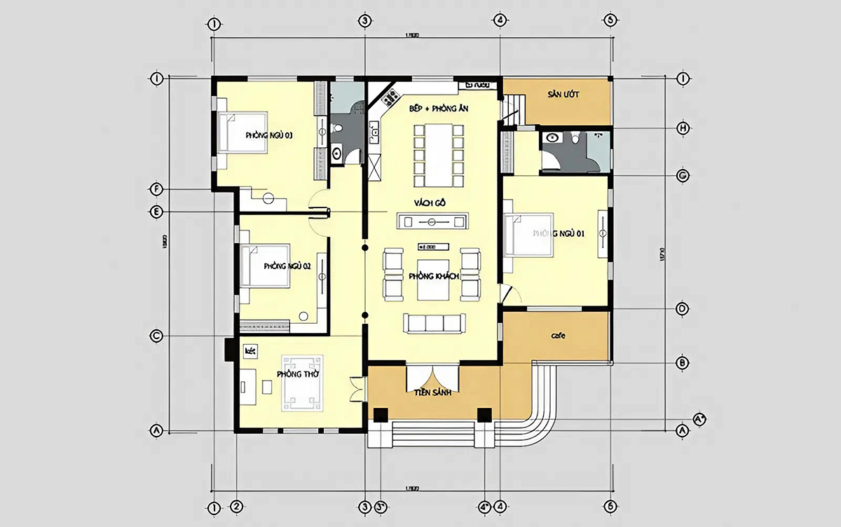 Bản vẽ chi tiết biệt thự 1 tầng 3 phòng ngủ kết hợp phòng thờ Bản vẽ chi tiết biệt thự 1 tầng 3 phòng ngủ kết hợp phòng thờ