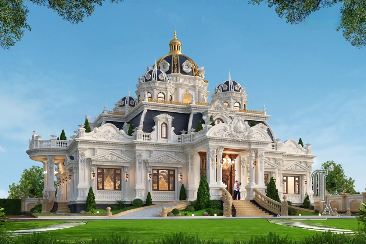 Điểm nhấn nổi bật là hệ mái Mansard kết hợp mái vòm bề thế, đỉnh mái có tum vòm cong mạ vàng, vừa tráng lệ vừa biểu trưng cho sự quyền lực.