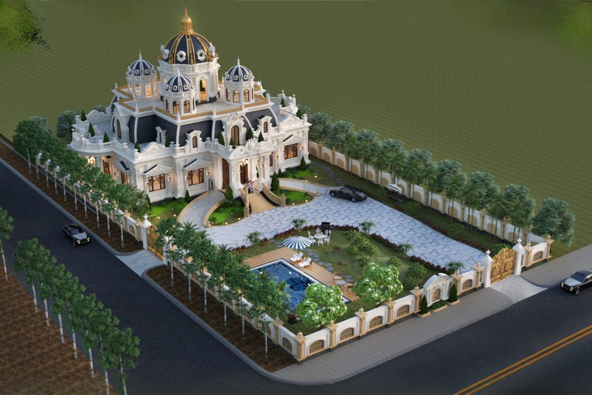 Khuôn viên sân vườn, hồ bơi, thảm cỏ xanh và cổng nhôm đúc tinh xảo mang lại không gian nghỉ dưỡng lý tưởng như một dinh thự hoàng gia.