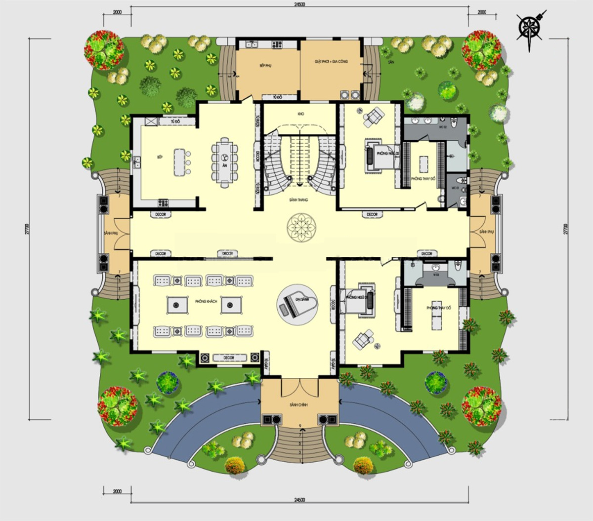 Bản vẽ biệt thự 2 tầng cổ điển Pháp có sân vườn, hồ bơi