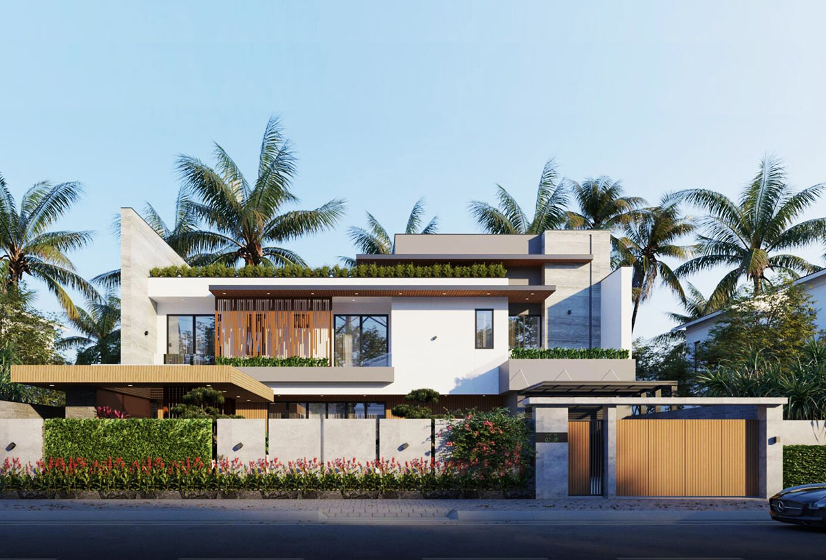 Mẫu biệt thự 2 tầng có gara kết hợp vườn tạo sự xanh mát