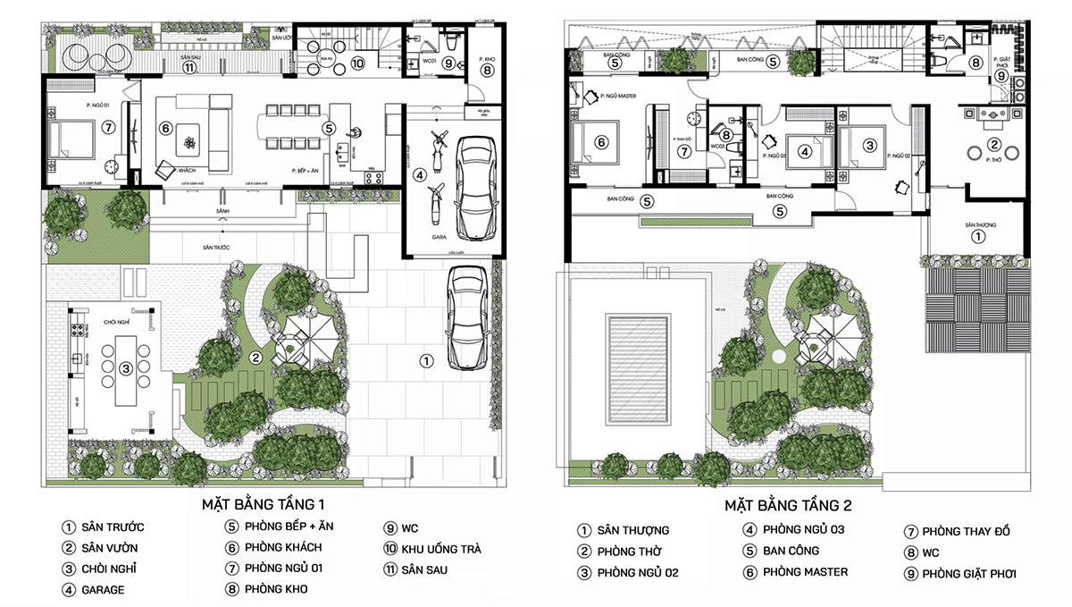 Bản vẽ biệt thự 2 tầng có gara kết hợp vườn