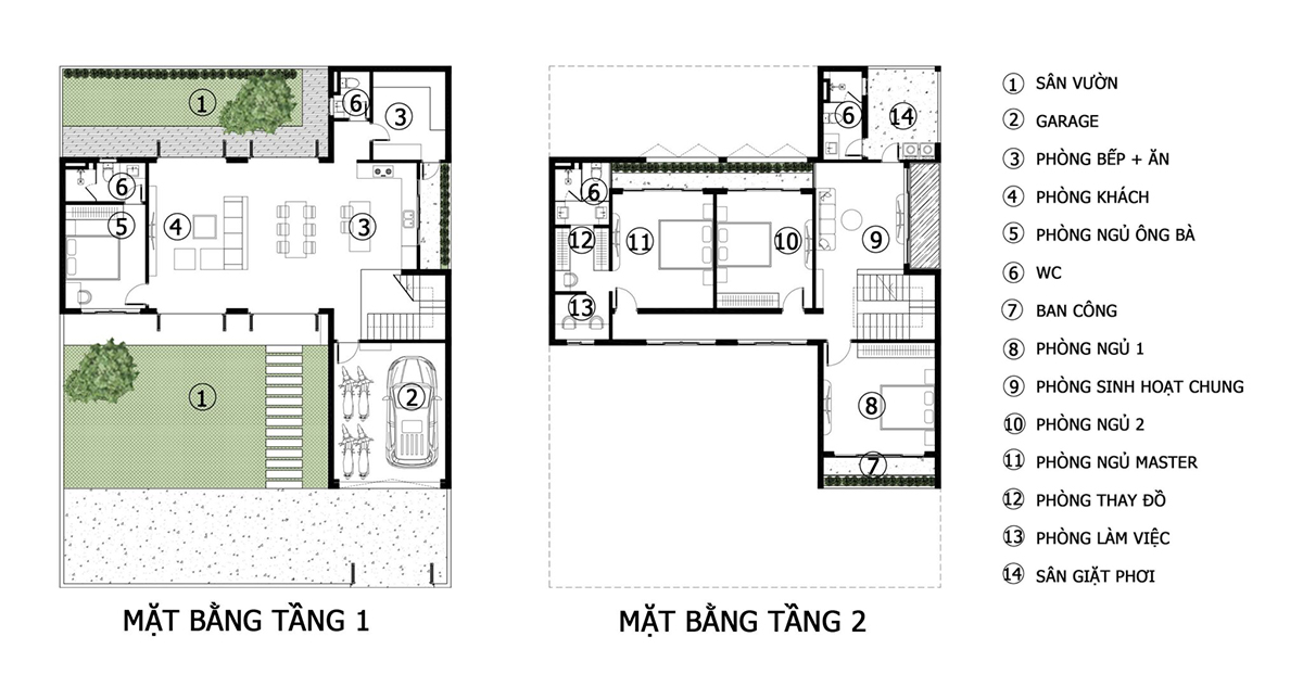 Bản vẽ biệt thự 2 tầng có gara chữ L