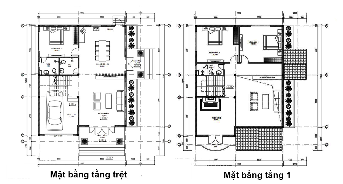 Bản vẽ biệt thự 2 tầng có gara mái Thái đẹp