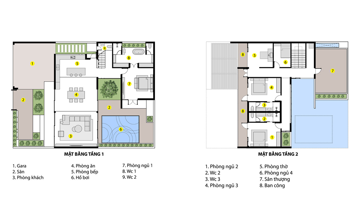 Bản vẽ biệt thự 2 tầng có gara mái bằng đẹp