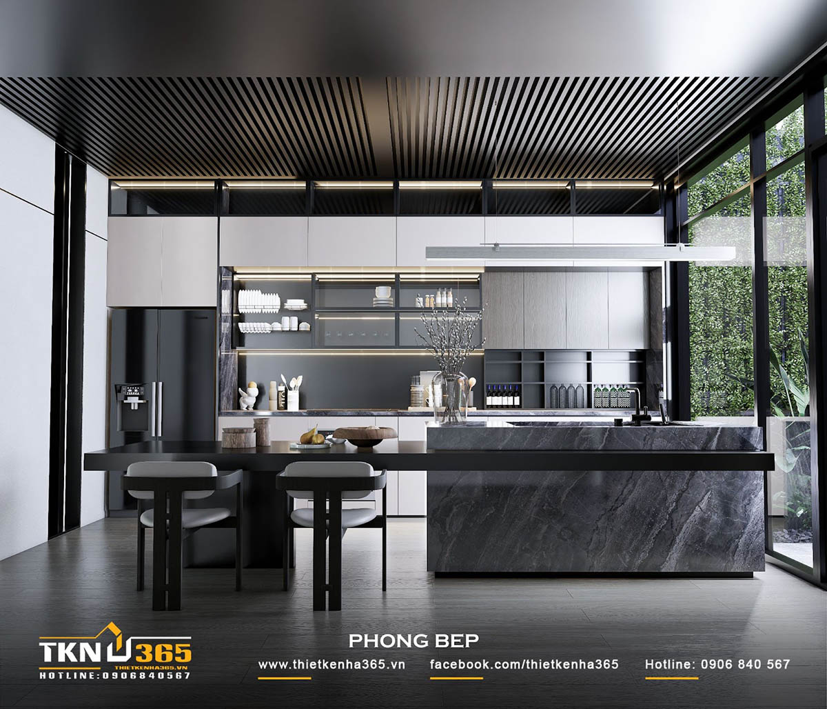 Gam màu trung tính đóng vai trò chủ đạo trong thiết kế nội thất phòng bếp H’S VILLA