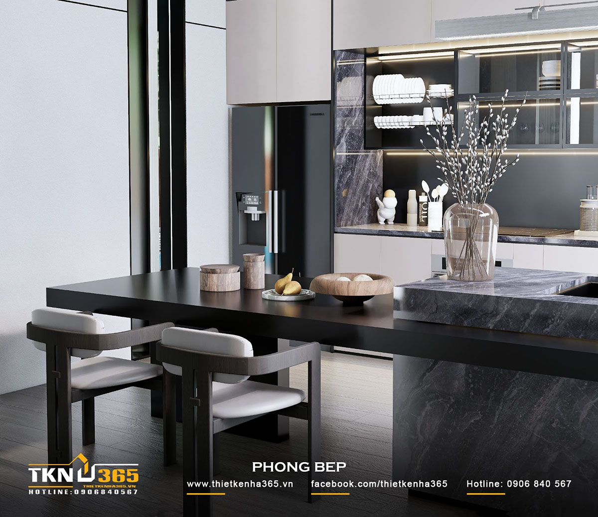 Tủ lạnh bố trí âm tường cùng hệ tủ bếp, giúp giải phóng không gian hiệu quả