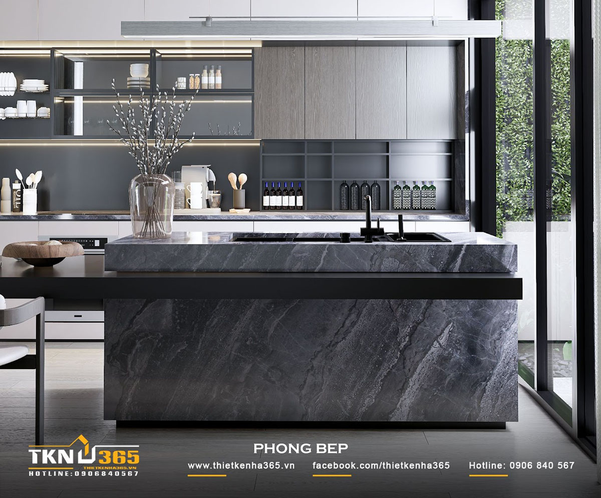 Phòng bếp H’S VILLA sử dụng rất nhiều chi tiết màu đen nhưng vẫn sang trọng và cá tính nhờ nhận đủ ánh sáng tự nhiên